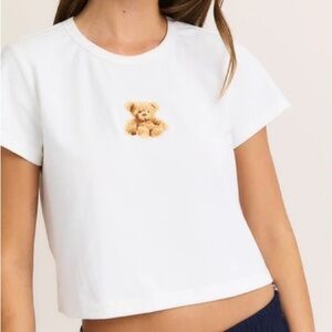 NWT Le Lis White Crop with Embroidered Teddy Bear sz XS